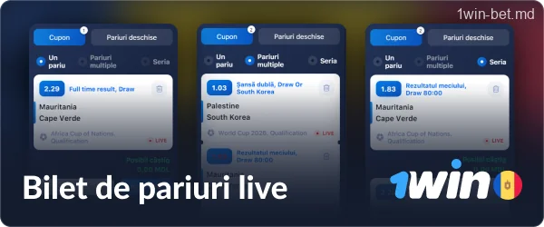 Tipuri de pariuri live în cuponul 1win MD