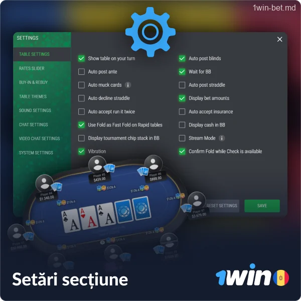 Setările jocului de poker 1win Moldova