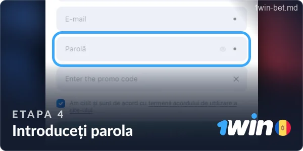 Introduceți parola pentru a continua înregistrarea la 1win